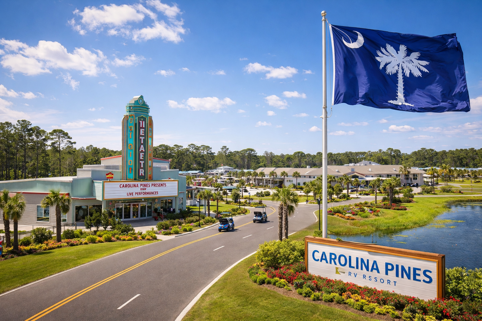 Carolina Pines RV Resort entrance with theater sign and flag under a clear blue sky.