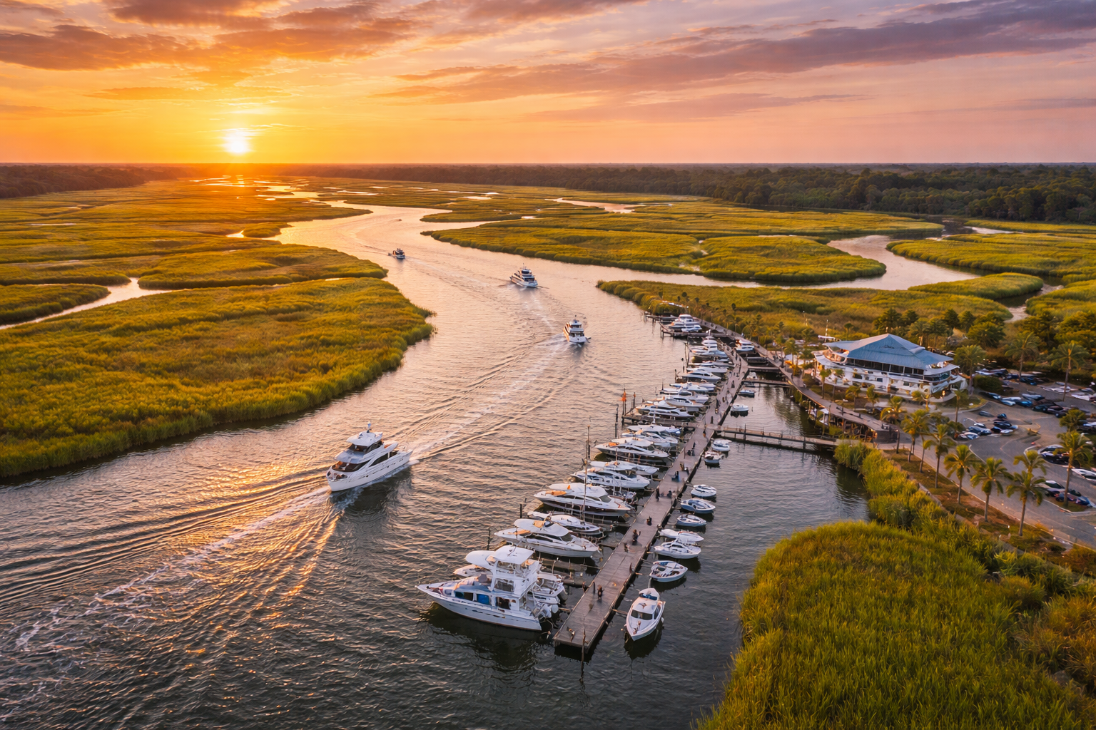 Aerial view of marina at sunset with boats and a winding river.