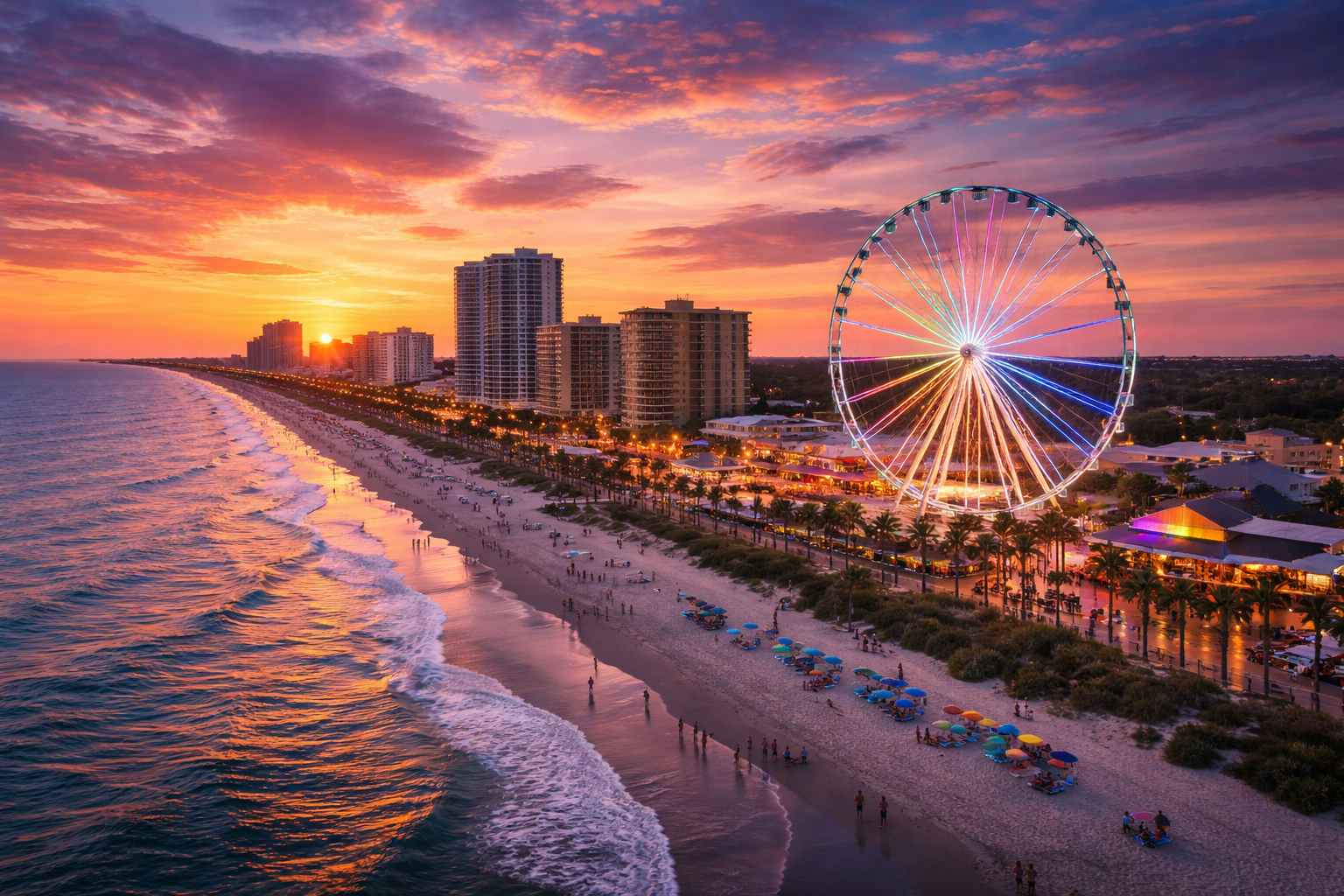 Sunset beach landscape with a Ferris wheel and city skyline.